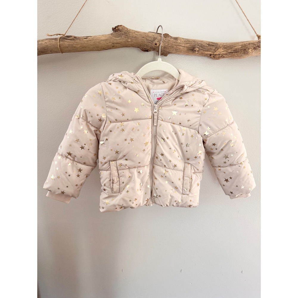 The‎ Childrens Place Girls Puffer Jacket Pink Gold Metallic Stars Hooded Coat 4T